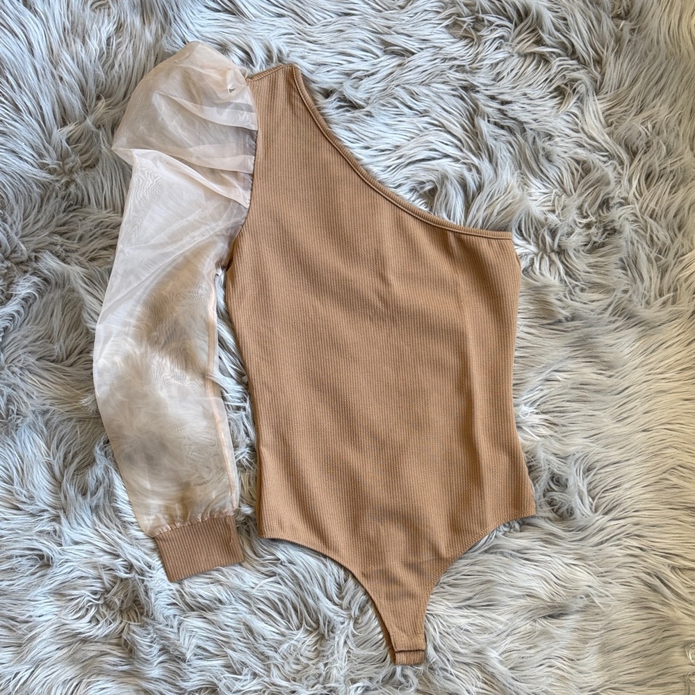 One-Shoulder Tan Bodysuit with Sheer Puff Sleeve